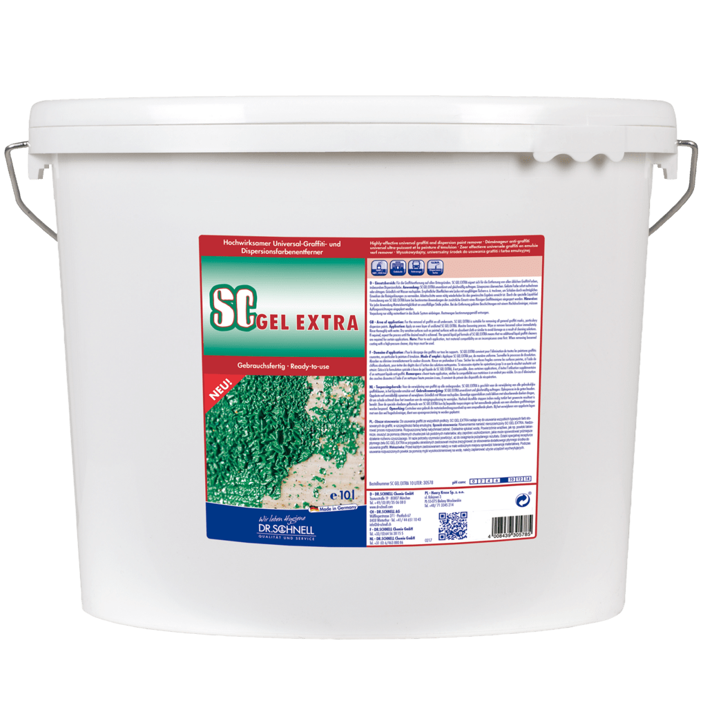 Bílý plastový kbelík o objemu 10 litrů s rukojetí a nápisem "Dr. Schnell SC GEL EXTRA Odstraňovač graffiti" od společnosti DR.SCHNELL GmbH & Co. KGaA je opatřen německou etiketou, která zdůrazňuje inovativní gelovou formuli, návod k použití a čárový kód pro univerzální odstraňování graffiti.
