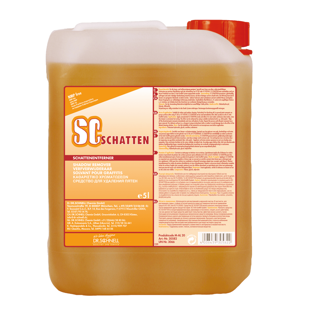 Pětilitrový kanystr Dr. Schnell SC SCHATTEN odstraňovače graffiti od společnosti DR.SCHNELL GmbH & Co. KGaA, účinného odstraňovače stínů graffiti, s údaji o produktu a vícejazyčným návodem na etiketě.