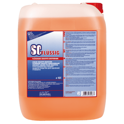 Ein 10-Liter-Behälter aus durchsichtigem Kunststoff mit orangefarbener Flüssigkeit und rotem Deckel. Auf dem Etikett steht "Dr. Schnell SC FLÜSSIG Graffitientferner" von DR.SCHNELL GmbH & Co. KGaA, mit Produktinformation in mehreren Sprachen.