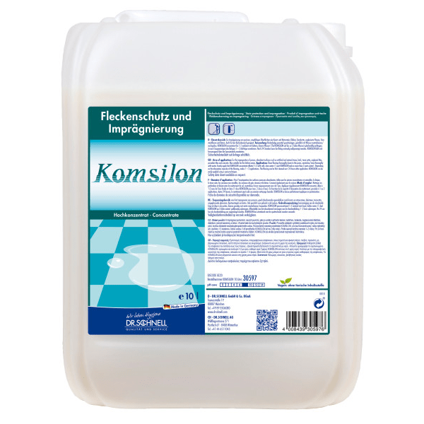 Desetilitrový kanystr DR.SCHNELL GmbH & Co. KGaA KOMSILON ochrana proti skvrnám a impregnace pro přírodní a umělé kameny, s modro-bílou etiketou s údaji o produktu a německým návodem.