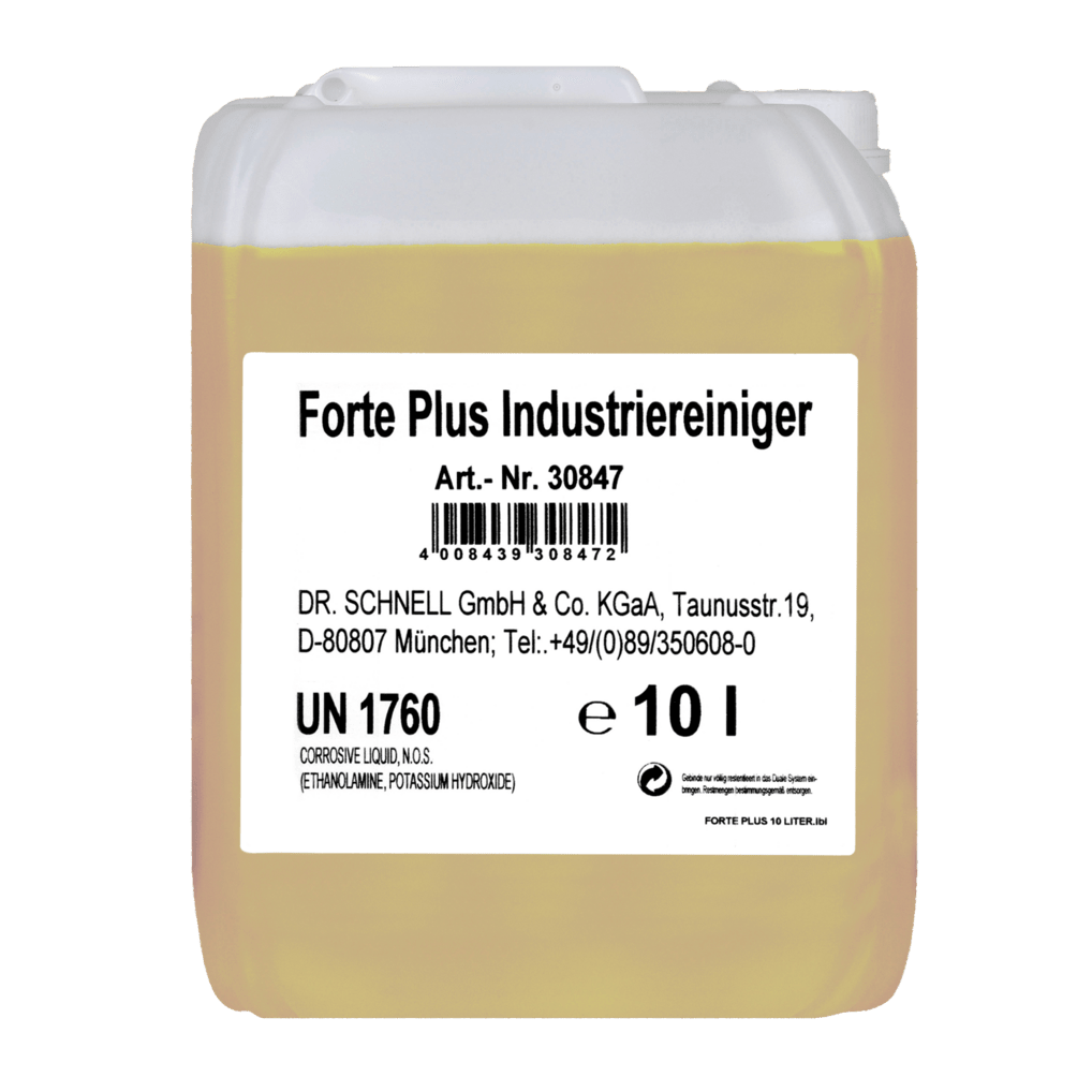 Desetilitrová nádoba na průsvitnost Dr. Schnell FORTE PLUS INDUSTRIEREINIGER od DR.SCHNELL GmbH & Co. KGaA s bílou etiketou s údaji o produktu/výrobci, UN 1760 a bezpečnostními pokyny; žlutá kapalina pro průmyslové čištění a silné znečištění.