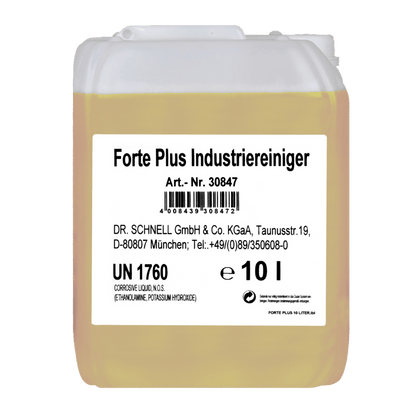Desetilitrová nádoba na průsvitnost Dr. Schnell FORTE PLUS INDUSTRIEREINIGER od DR.SCHNELL GmbH & Co. KGaA s bílou etiketou s údaji o produktu/výrobci, UN 1760 a bezpečnostními pokyny; žlutá kapalina pro průmyslové čištění a silné znečištění.