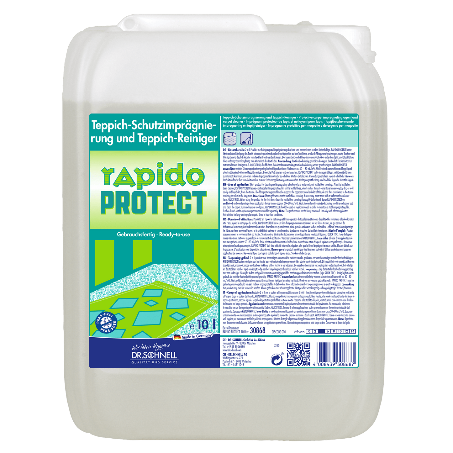 Desetilitrový kanystr Dr. Schnell RAPIDO PROTECT na čištění vozidel, čistič koberců a impregnaci od DR.SCHNELL GmbH & Co. KGaA, s německou etiketou a grafikou koberce. Ideální pro čištění vozidel.