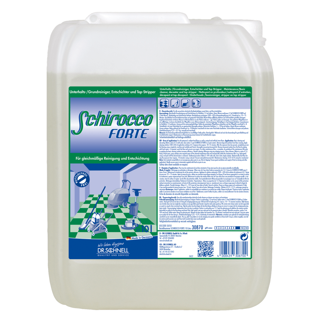 Velký průhledný plastový kontejner s nápisem "Dr. Schnell SCHIROCCO FORTE" od DR.SCHNELL GmbH & Co. KGaA, se zeleným a bílým brandingem, grafikou čištění, návodem na speciální čistič pro profesionální čištění, s rukojetí a šroubovacím uzávěrem.