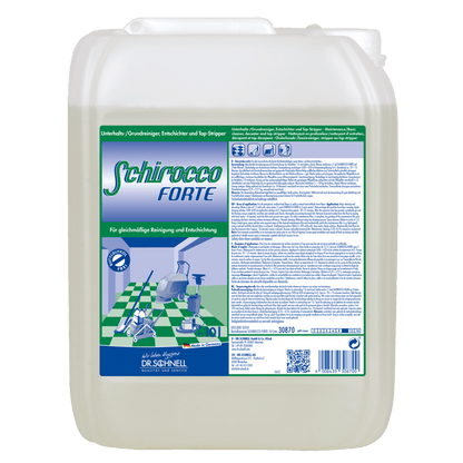 Velký průhledný plastový kontejner s nápisem "Dr. Schnell SCHIROCCO FORTE" od DR.SCHNELL GmbH & Co. KGaA, se zeleným a bílým brandingem, grafikou čištění, návodem na speciální čistič pro profesionální čištění, s rukojetí a šroubovacím uzávěrem.