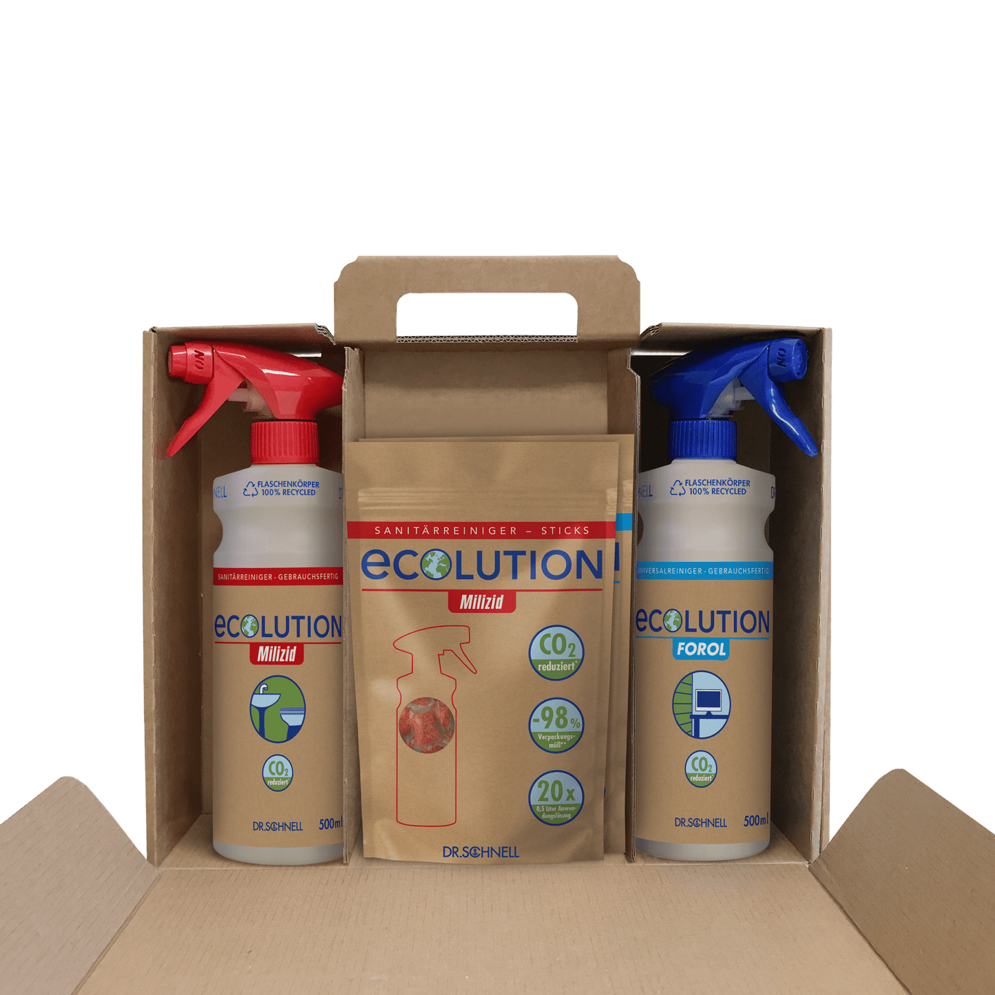 Startovací sada Dr. Schnell ECOLUTION od společnosti DR.SCHNELL GmbH & Co. KGaA obsahuje rozprašovací lahve a tyčinky FOROL & MILIZID (450 g) v krabici - ekologické řešení čištění s výhodami redukce CO2.
