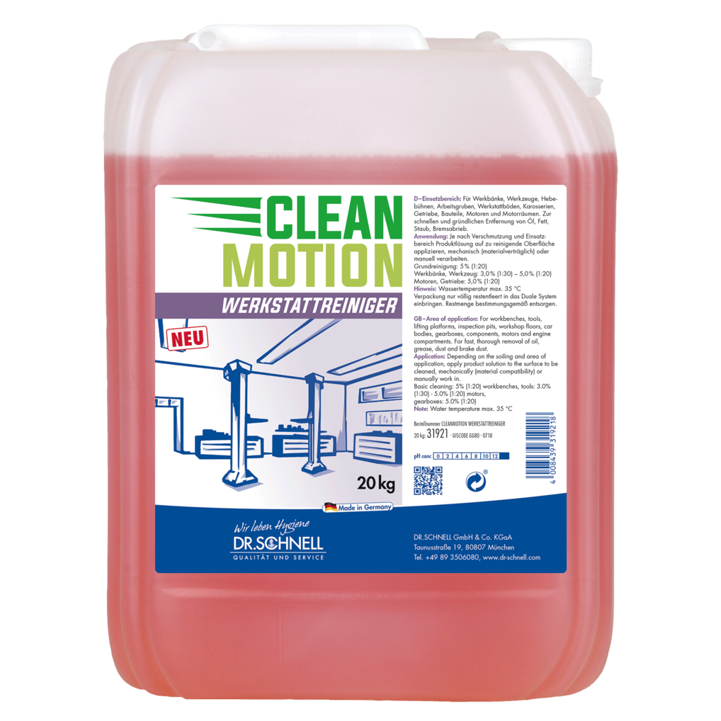 Ein 20 kg Kunststoffbehälter der DR.SCHNELL GmbH & Co. KGaA Dr. Schnell CLEANMOTION WERKSTATTREINIGER mit roter Flüssigkeit und einem Etikett mit Produktangaben, Anweisungen und einer Werkstatt mit Hebebühnen für eine effektive Reinigung.