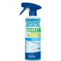 Eine 500 ml Sprühflasche der DR.SCHNELL GmbH & Co. KGaA Dr. Schnell CLEANMOTION SCHEIBENKLAR Glasreiniger, mit blauem Auslöser und weiß-blauem Etikett mit grüner Schrift, für die streifenfreie Reinigung.