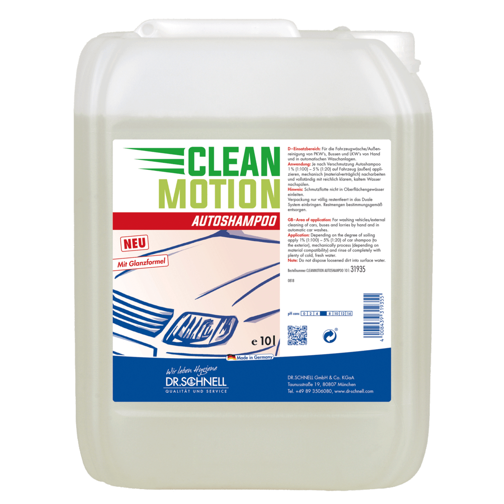 Ein 10-Liter-Kunststoffbehälter von Dr. Schnell CLEANMOTION AUTOSHAMPOO von DR.SCHNELL GmbH & Co. KGaA, ideal für die professionelle Autowäsche. Das Etikett zeigt ein Auto, eine deutsche Produktinformation, eine Gebrauchsanweisung; die Flüssigkeit ist klar oder hell.
