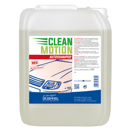 Ein 10-Liter-Kunststoffbehälter von Dr. Schnell CLEANMOTION AUTOSHAMPOO von DR.SCHNELL GmbH & Co. KGaA, ideal für die professionelle Autowäsche. Das Etikett zeigt ein Auto, eine deutsche Produktinformation, eine Gebrauchsanweisung; die Flüssigkeit ist klar oder hell.