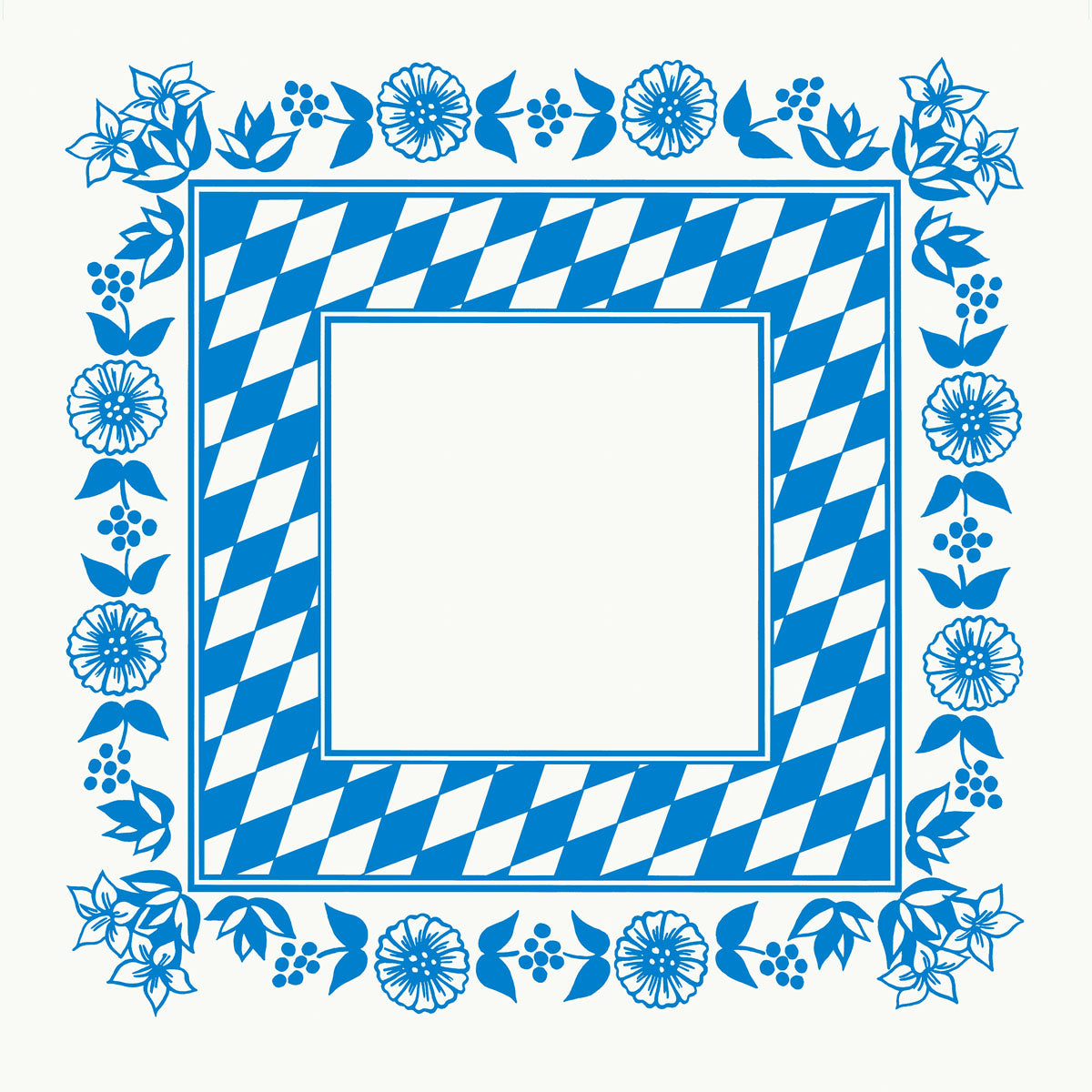 Die Dunicel Mitteldecke 84x84 cm von Duni GmbH zeigt ein blau-weißes Bayerische Raute-Muster mit blauen Blumenakzenten am Rand, ideal für das Oktoberfest, und wird in einer 100er-Packung geliefert. Die Mitte ist blanko für den vielseitigen festlichen Einsatz.