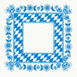Die Dunicel Mitteldecke 84x84 cm von Duni GmbH zeigt ein blau-weißes Bayerische Raute-Muster mit blauen Blumenakzenten am Rand, ideal für das Oktoberfest, und wird in einer 100er-Packung geliefert. Die Mitte ist blanko für den vielseitigen festlichen Einsatz.