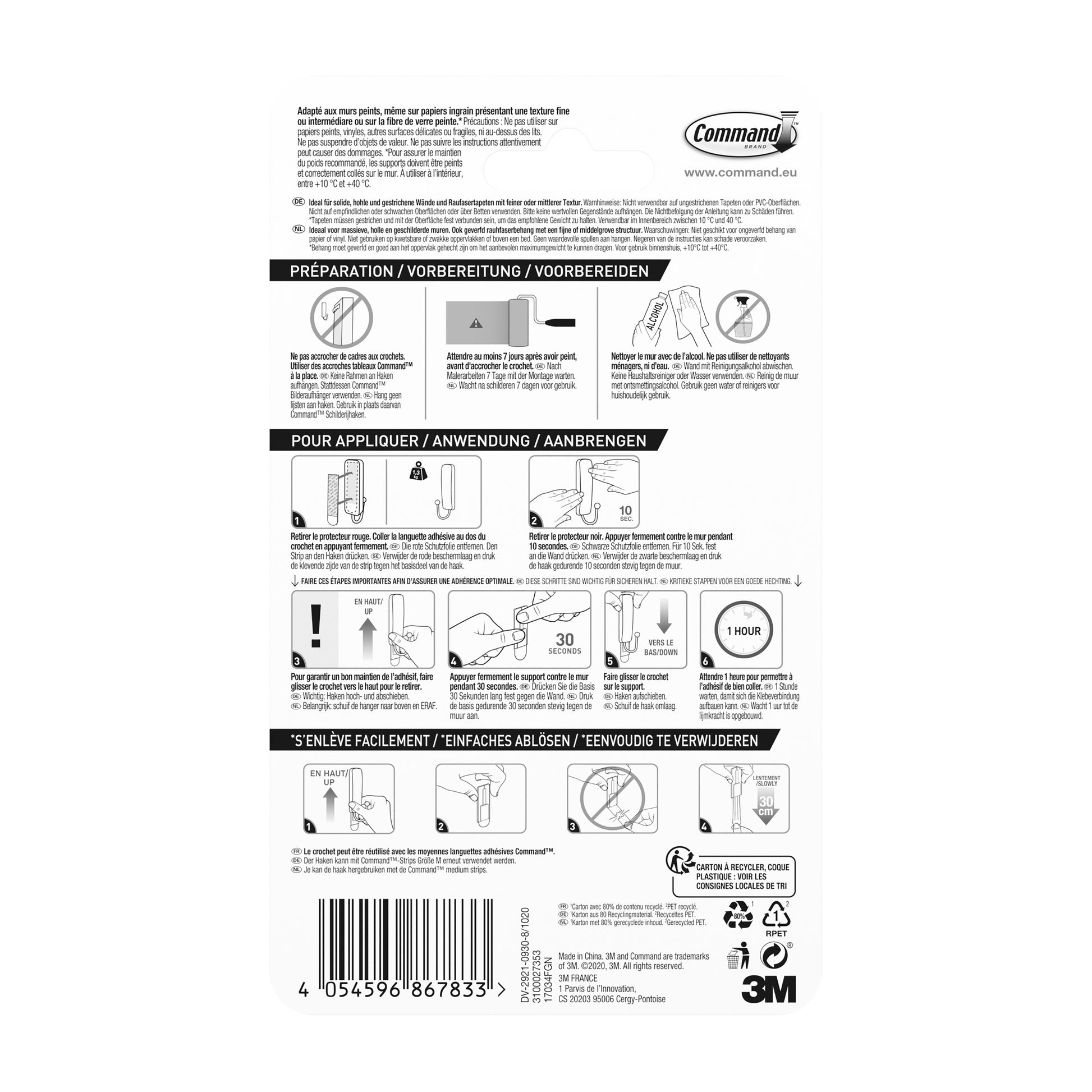 Die Verpackung von Mittelgroßer Command™ Metallhaken in gebürstetem Nickel (1 Haken, 2 Streifen) von 3M Deutschland GmbH zeigt Vorbereitungs-, Anwendungs- und Entfernungsanweisungen in mehreren Sprachen mit Diagrammen, Markenlogos, Barcode und Recyclinginformationen.