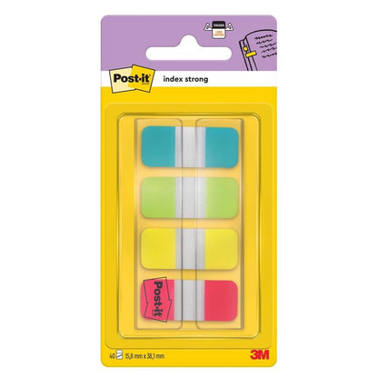 Post-it® Index Strong Ablagetabs, Mini (15,8 mm x 38,1 mm) ve žluté, červené, modré a zelené barvě od 3M Deutschland GmbH přicházejí jako 40 samolepicích proužků/dávkovač (1 kus), ideální pro organizaci dokumentů - balení s plastovým dávkovačem.