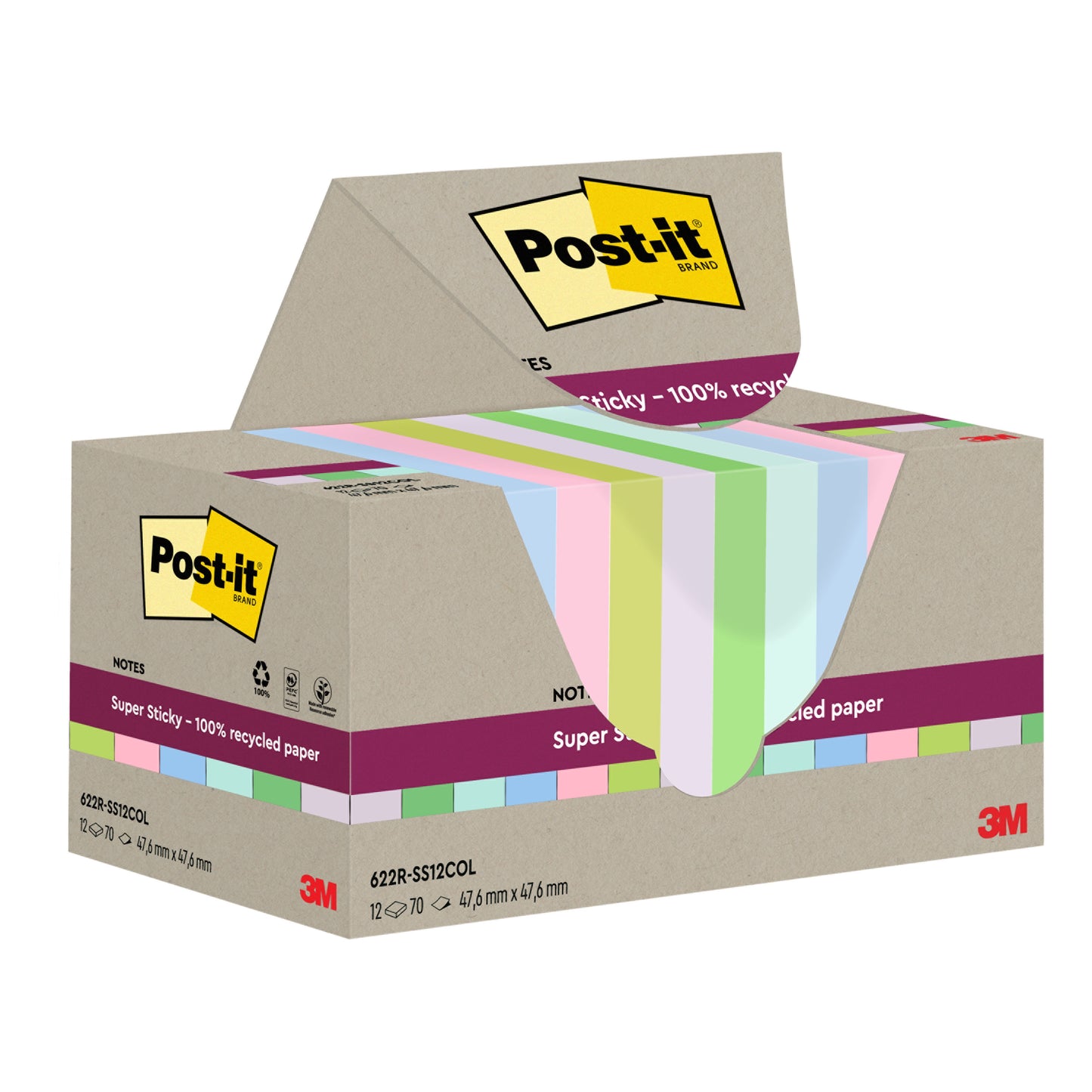 Krabice Post-it® Super Sticky 100% recyklovaných poznámek (47,6 x 47,6 mm, 70 listů na blok, 100% PEFC) od 3M Deutschland GmbH, s částečně vytaženými pastelovými lístky, které jsou opatřeny logy značky.