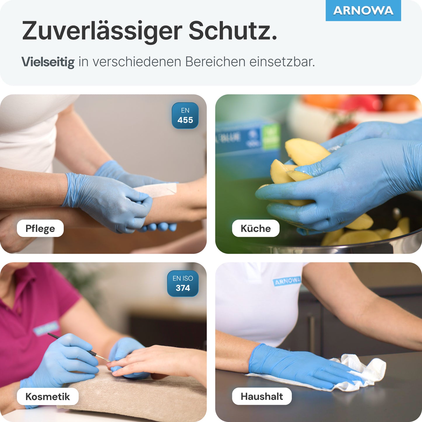 Collage: Vier Fotos zeigen ARNOMED NITRIL BLUE reißfeste Einmalhandschuhe aus Nitril (ARNOWA GmbH) beim Einsatz in Pflege, Küche, Kosmetik & Haushalt. Latex- und puderfrei - für zuverlässigen Schutz.