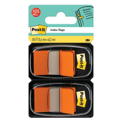 Balení indexových samolepicích štítků Post-it® od společnosti 3M Deutschland GmbH obsahuje dva dávkovače, každý s 50 oranžovými vlaječkami (25,4 mm x 43,2 mm), celkem tedy 100 vlaječek s viditelným logem Post-it a 3M.