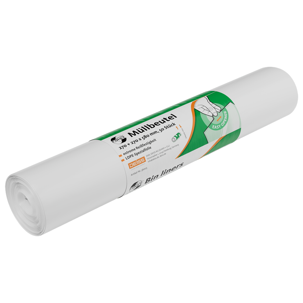 Bílá role odpadkových sáčků EMIL DEISS KG je opatřena zeleno-bílou etiketou s německými a anglickými údaji, velikostí 270+270x580 mm, vyobrazením výstelky popelnice a názvem produktu DEISS 36003 role (50 kusů) pro zajištění kvality.