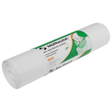 Eine Rolle weißer Müllbeutel DEISS 36004 der EMIL DEISS KG (GmbH + Co.), beschriftet in Deutsch und Englisch mit einer Hand, die einen Beutel zieht und dem Text "Easy opening". Enthält 50 Beutel mit den Maßen 305+305x850 mm.