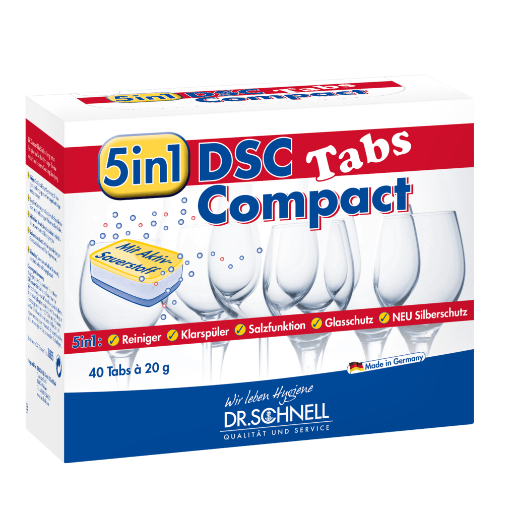 Kanystr Dr. Schnell DSC COMPACT TABS tablety do myčky s aktivním kyslíkem od DR.SCHNELL GmbH & Co. KGaA nabízí silné čištění a ochranu s 40 tabletami a nápisem "Čisticí síla a aktivní kyslík" na obalu.