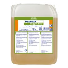 Ein 10 kg transparentes Gebinde von Dr. Schnell PEROTEX ENZYM EVO von DR.SCHNELL GmbH & Co. KGaA, ein enzymatischer Reiniger für den professionellen Einsatz, ist mit einem grün-weißen Etikett mit Hinweisen und Produktangaben sowie einem weißen Deckel versehen.