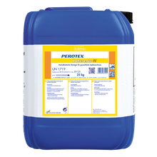 Ein großer blauer Kunststoffbehälter mit schwarzem Deckel, beschriftet mit "Dr. Schnell PEROTEX INTENSIV N" der DR.SCHNELL GmbH & Co. KGaA, fasst 25 kg Intensivreiniger und ist mit einem weiß-gelben Etikett mit Gebrauchs- und Sicherheitshinweisen versehen.