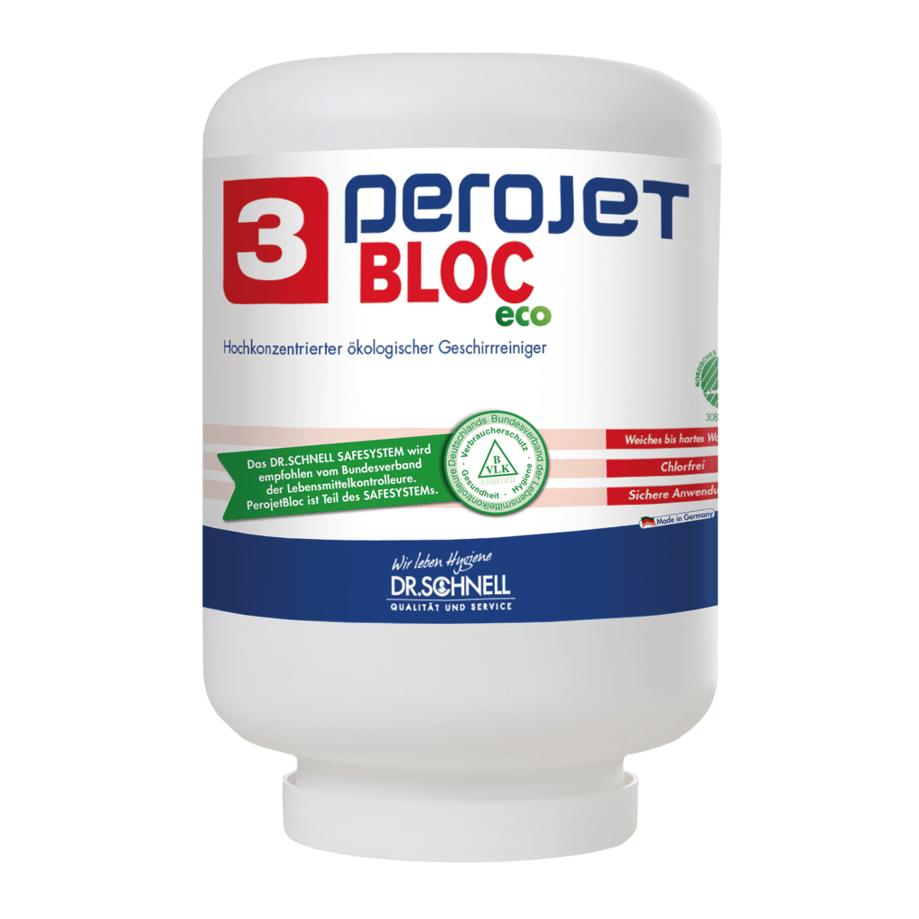 Bílá 4kg kartuše s nápisem "Dr. Schnell PEROJET BLOC 3 ECO čisticí prostředek na nádobí pro průmyslové myčky, ekologický" od společnosti DR.SCHNELL GmbH & Co. KGaA je na přední straně opatřena ekologickými certifikáty.