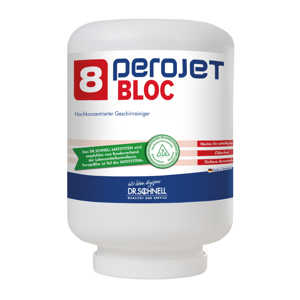 Bílý kontejner DR.SCHNELL GmbH & Co. KGaA PEROJET BLOC 8 mycí prostředek na nádobí pro komerční myčky, ekologický (4 kg kazeta) s červeno-modrou etiketou a informacemi o produktu v němčině na přední straně.