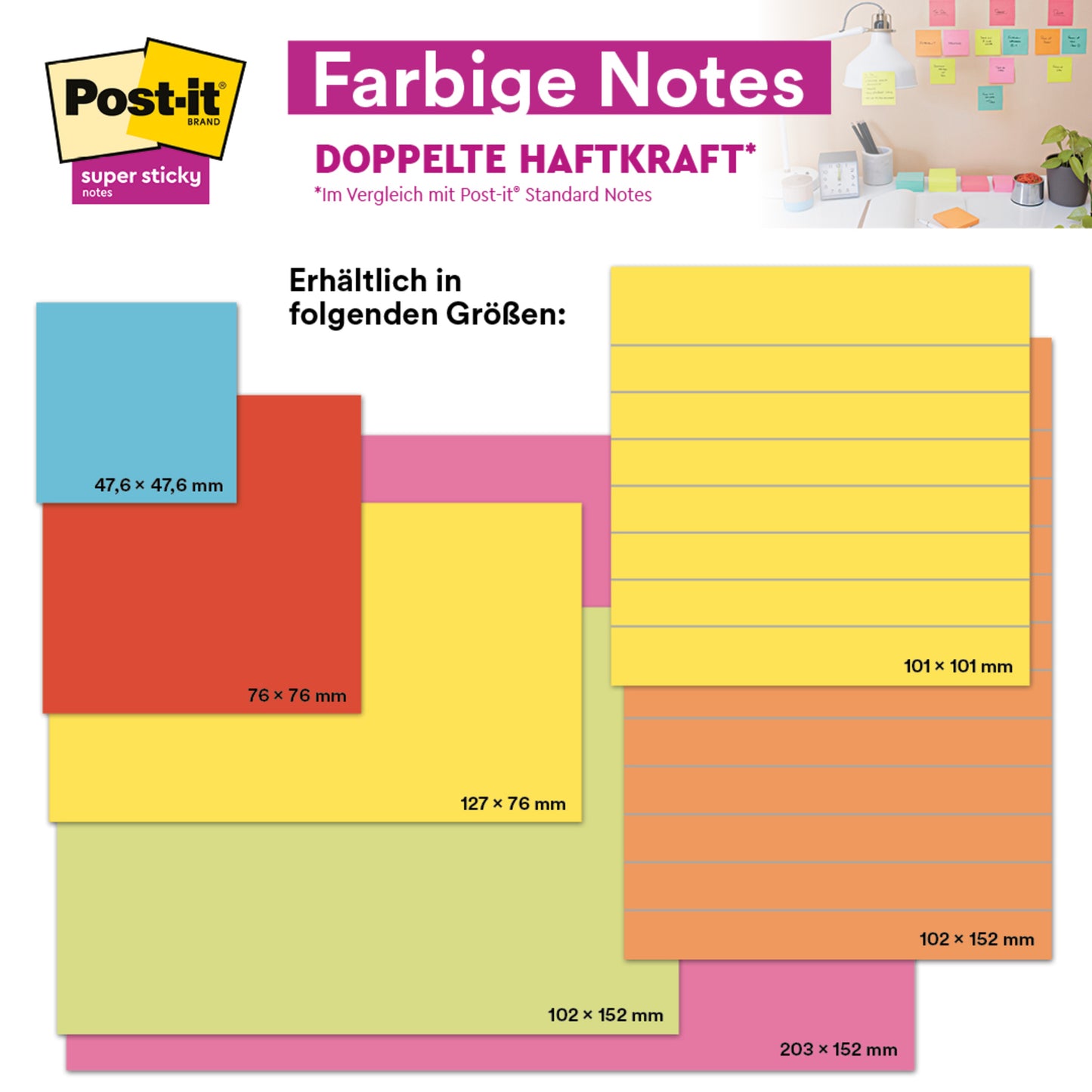 Výběr Post-it® Super Sticky Notes ve velkém formátu, Boost Collection, linkované (101x152 mm, 45 listů/blok, 3 bloky/balení, 100% PEFC) od 3M Deutschland GmbH, je ukázán s linkovanými poznámkovými lístky na stole v pozadí.