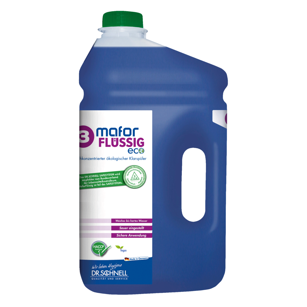 Eine große Kunststoffflasche mit grünem Verschluss enthält eine blaue Flüssigkeit. Auf dem Etikett steht "Dr. Schnell MAFOR FLÜSSIG 3 ECO Klarspüler für Geschirrspülmaschinen" von DR.SCHNELL GmbH & Co. KGaA und zeigt deutschen Text und Zertifizierungslogos.