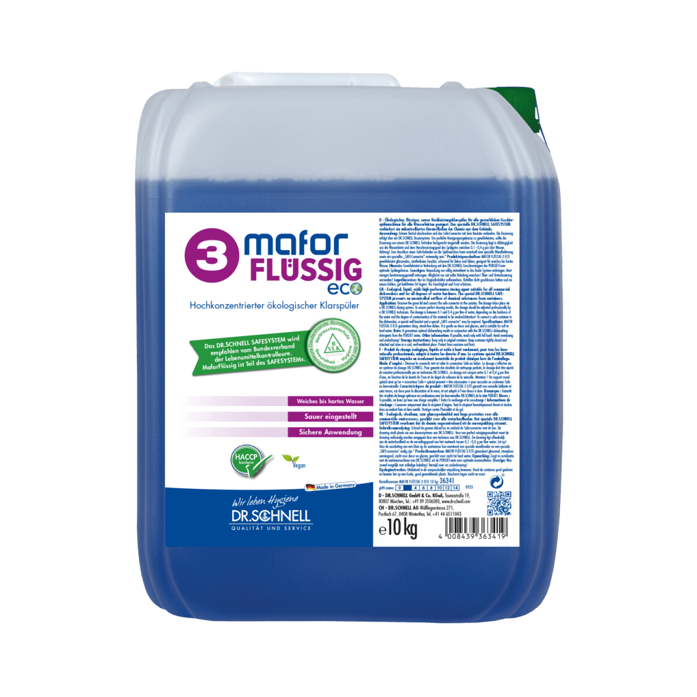 10kg plastová nádoba od Dr. Schnell MAFOR FLÜSSIG 3 ECO oplachovač pro myčky nádobí (DR.SCHNELL GmbH & Co. KGaA) s fialovou kapalinou, bílou etiketou, modrým písmem, pokyny k použití a certifikačními logy.