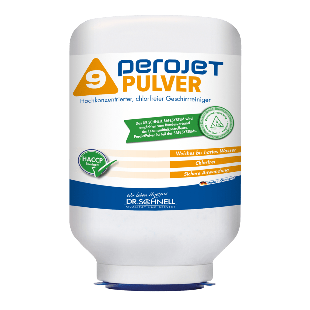 Bílá 3kg kazeta DR.SCHNELL GmbH & Co. KGaA PEROJET PULVER 9, bezchlórový mycí prostředek pro profesionální stroje, s barevnými etiketami, německým textem a certifikací HACCP.