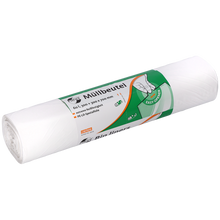 Eine weiße Rolle EMIL DEISS KG (GmbH + Co.) DEISS 36519 Müllbeutel, 300+300x700 mm, 50 Stück, mit grün-weißem Etikett mit Handabbildung zum leichten Öffnen; biologisch abbaubar.