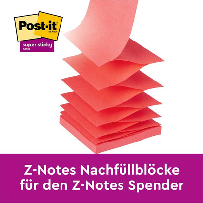 Černý Post-it® Z-Notes Dispenser PRO od 3M Deutschland GmbH obsahuje žluté Super Sticky Z-Notes (76 x 76 mm, 90 listů/blok); některé lístečky jsou rozfoukány, vlevo nahoře je zobrazeno logo značky, dole produktová informace.