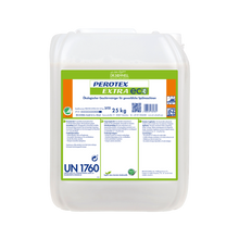 Ein 25 kg durchsichtiger Kunststoffbehälter mit grün-weißem DR.SCHNELL GmbH & Co. KGaA-Etikett für Dr. Schnell PEROTEX EXTRA ECO Geschirrreiniger für gewerbliche Spülmaschinen, mit Produktinformation, Anleitung und Sicherheitssymbolen.