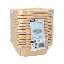 Balíček obsahuje 25 obdélníkových, hnědých obědových krabiček Starpak z kartonu, zabalených v plastové fólii, s etiketou na přední straně, která ukazuje značku Starpak a informace o produktu. Perfektní jako ekologická obědová krabička pro každou událost.