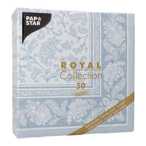 Čtvercové balení PAPSTAR GmbH 50 ubrousků "ROYAL Collection" 1/4-skládání 40 x 40 cm modrá, s světle modro-bílým paisley vzorem, zlatým písmem a etiketou pro luxusní papírové ubrousky.