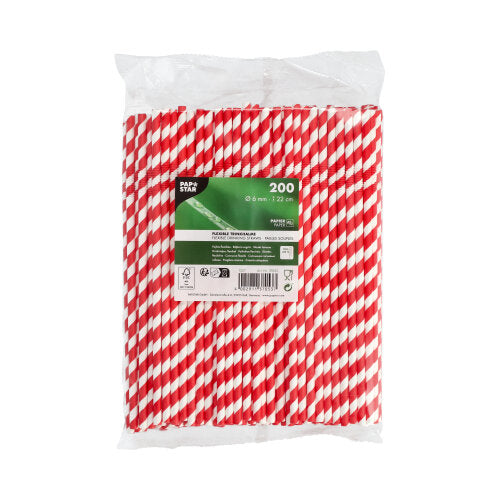 Průhledný plastový sáček obsahuje 200 PAPSTAR papírových brček červená/bílá "Stripes", flexibilní, 22 cm. Štítek PAPSTAR GmbH ukazuje velikost a ekologický papírový materiál na bílém pozadí.