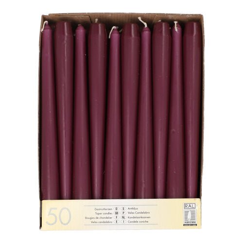 Kartonová krabice s 50 kaštanově hnědými svíčkami do svícnů o délce 25 cm a tloušťce 2,2 cm, které jsou při pohledu shora uspořádány do jedné řady. Na štítku je nápis „Starpak 50 svíček do svícnů Ø 2,2 cm–25 cm“ s údaji o množství v několika jazycích.