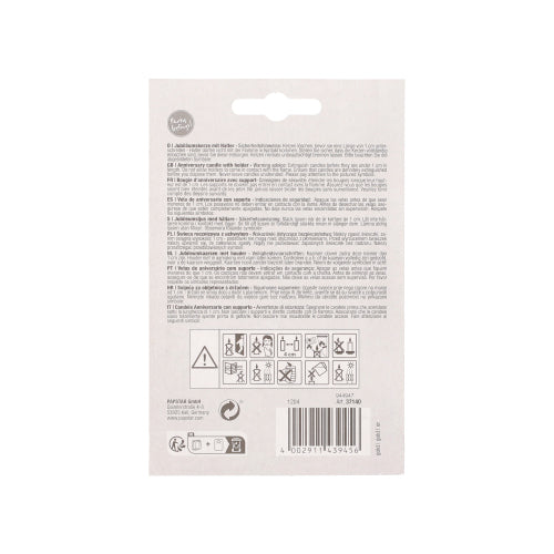 Die Rückseite einer PAPSTAR Jubiläumskerzen mit Halter 7 cm "gold" (by PAPSTAR GmbH) Packung ist mit mehrsprachigem Text, Warn- und Recyclingsymbolen, einem Barcode darunter und einer zentralen Aufhängelasche versehen - ideal für Geburtstage oder Kerzen mit Halter.