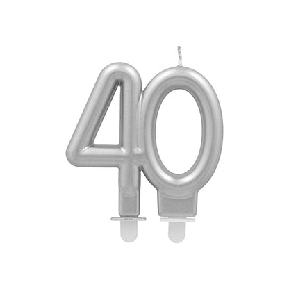 Jubilejní svíčka PAPSTAR s držákem 7 cm "stříbrná" od PAPSTAR GmbH je stříbrná narozeninová svíčka ve tvaru čísla 40 s držákem pro snadné umístění na dorty - ideální pro zvláštní příležitosti.