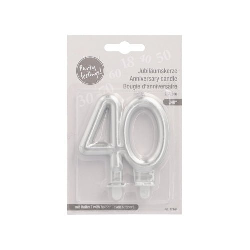 PAPSTAR GmbH jubilejní svíčky s držákem 7 cm "stříbrné" se stříbrným číslem 40, ideální pro narozeniny nebo výročí, balené v displeji z plastu a kartonu s německým, anglickým a francouzským textem.