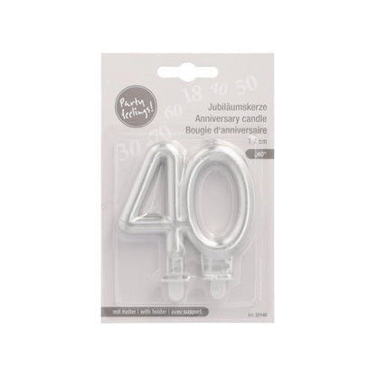 PAPSTAR GmbH jubilejní svíčky s držákem 7 cm "stříbrné" se stříbrným číslem 40, ideální pro narozeniny nebo výročí, balené v displeji z plastu a kartonu s německým, anglickým a francouzským textem.