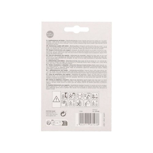 Zadní strana balení jubilejní svíčky PAPSTAR s držákem 7 cm "stříbrná" od PAPSTAR GmbH zobrazuje vícejazyčný text, bezpečnostní/recyklační symboly, čárový kód vpravo dole a závěsný otvor nahoře pro snadnou prezentaci.