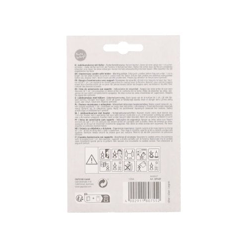 Zadní strana jubilejní svíčky PAPSTAR s držákem 7 cm "stříbrná" od PAPSTAR GmbH zobrazuje vícejazyčné pokyny, bezpečnostní a recyklační symboly v dolní části a čárový kód vpravo dole.