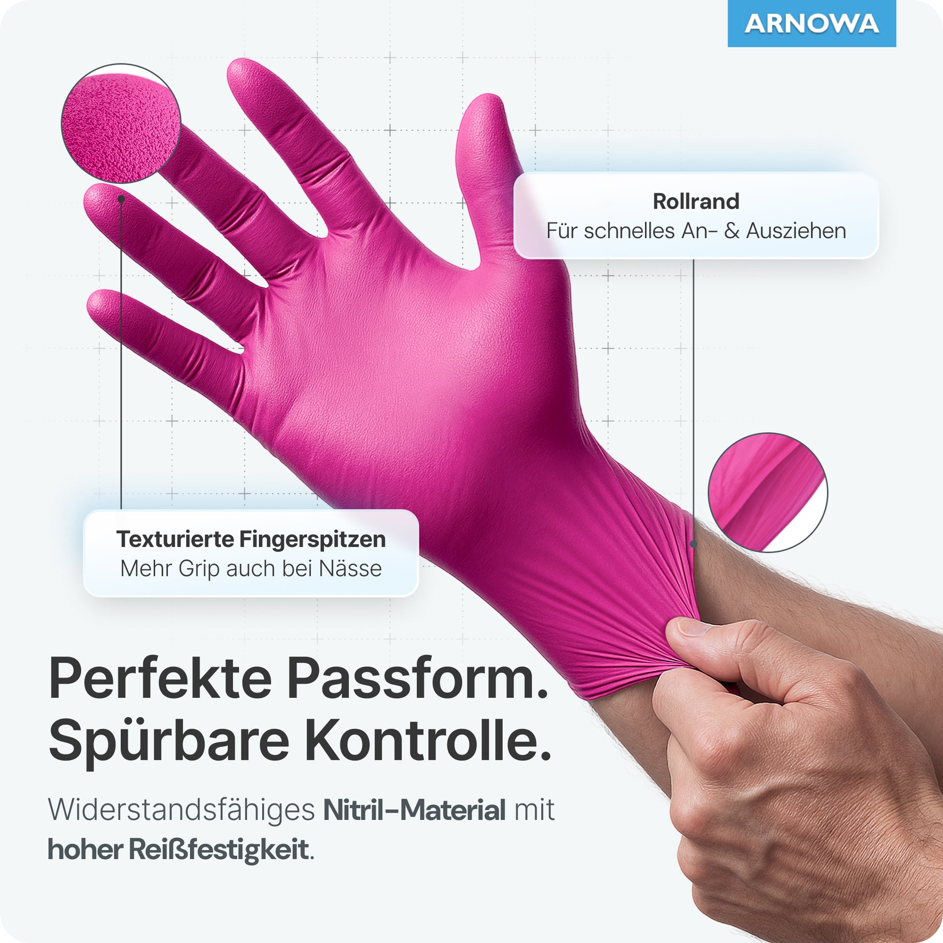 Eine Person zieht mit der linken Hand einen rosafarbenen ARNOMED NITRIL MAGNOLIA Einmalhandschuh der ARNOWA GmbH an. Der Handschuh hat strukturierte Fingerspitzen, einen Rollrand und ist reißfest. In der rechten oberen Ecke ist das ARNOWA-Logo zu sehen.