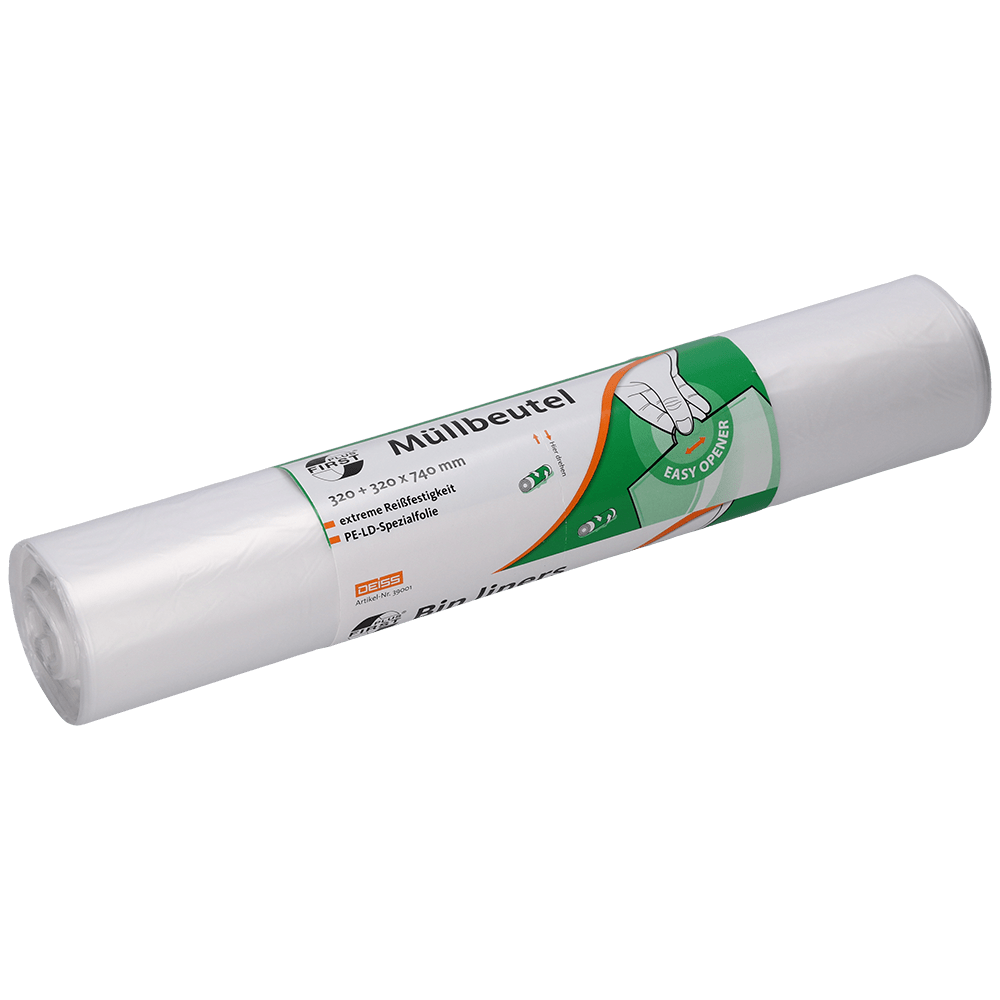 Na obrázku je balení 50 průhledných odpadkových pytlů DEISS 39001 (320+320x740 mm) od společnosti EMIL DEISS KG. Obal ukazuje zelené a oranžové etikety s německým textem a grafikou ruky pro snadné vyjmutí sáčků.