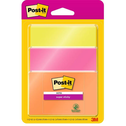 Balení Post-it® Super Sticky Notes od 3M Deutschland GmbH obsahuje 3 PEFC certifikované bloky (76x76 mm, 45 listů) v různých barvách. Obal zobrazuje značku Post-it® a štítek s poznámkami s logem 3M.