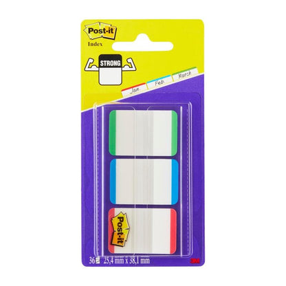 Balení 3M Post-it® Index Strong záložek v různých barvách, standardní velikost (25,4 mm x 38,1 mm), obsahuje 66 lepicích proužků na dávkovač.
