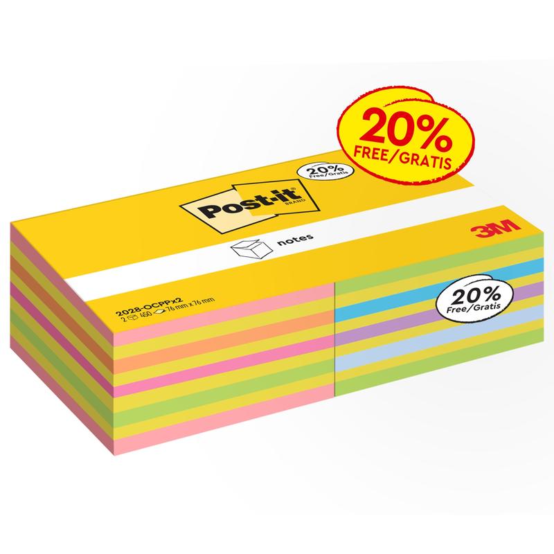 Kostka poznámkových bloků 3M Post-it® obsahuje 2 kostky po 450 listech (76x76mm), v různých barvách. Vyrobeno společností 3M Deutschland GmbH, poznámkové bloky jsou dodávány v obalu s certifikací PEFC - ideální pro každou kancelář.